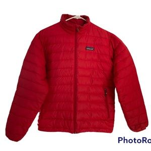 Red Patagonia Goose Down sweater puffer jacket, men’s extra small woman’s 8